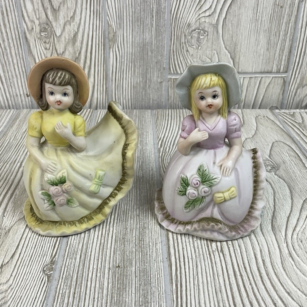 Vintage Ceramic Southern Belle Figurine Pair Hand Bell Pastel Yellow Pink Matte